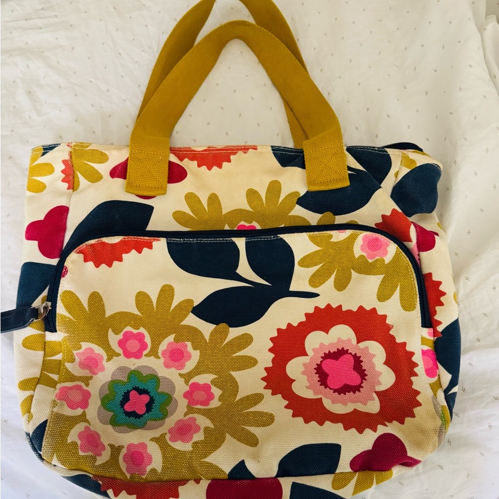 Boho Floral Canvas Tote Bag with Mustard Handles